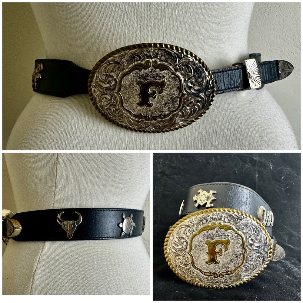 VTG "F" CRUMRINE Western Buckle w/ LEEGIN Silver Creek Black Belt 27-30 W's